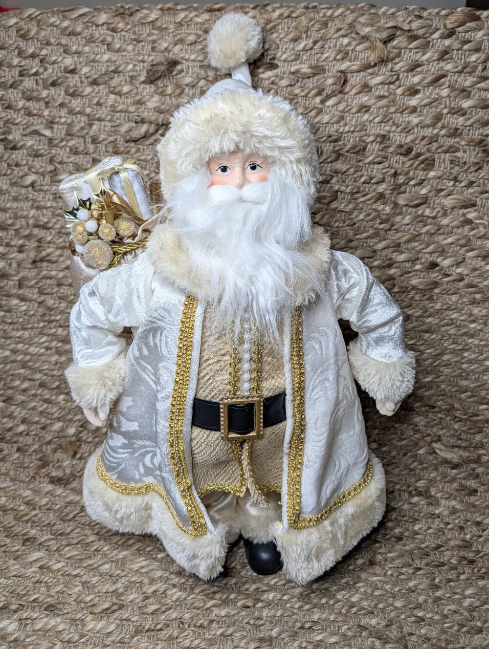 Large Winter White Gold Trim Santa Claus Faux Fur Christmas Holiday Decor 20"